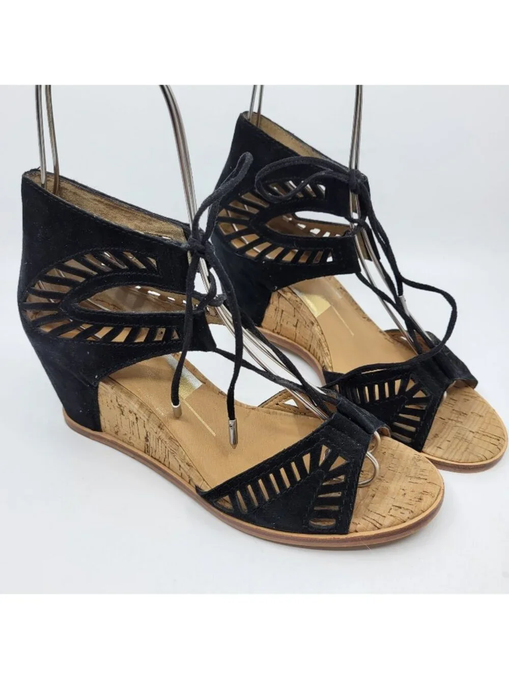 Dolce Vita Linsey Black Wedge Sandals Womens Size 6.5 Black Suede Lace Up Cut Ou